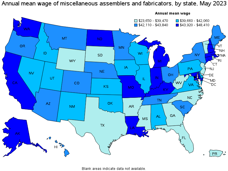 Map of annual mean wages of miscellaneous assemblers and fabricators by state, May 2023
