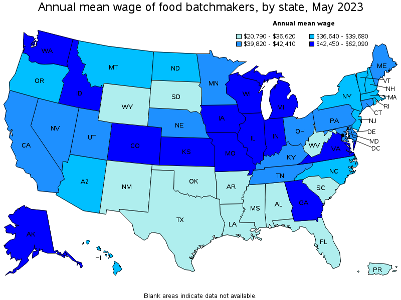 Map of annual mean wages of food batchmakers by state, May 2023