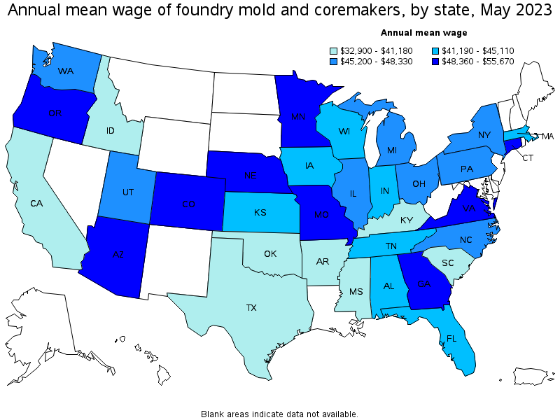 Map of annual mean wages of foundry mold and coremakers by state, May 2023