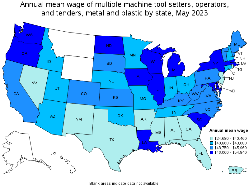 Map of annual mean wages of multiple machine tool setters, operators, and tenders, metal and plastic by state, May 2023