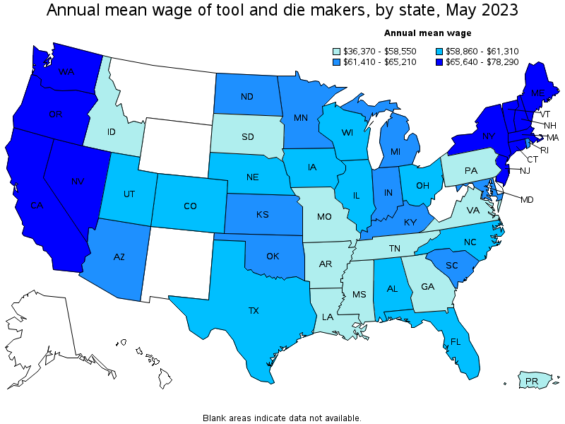 Map of annual mean wages of tool and die makers by state, May 2023