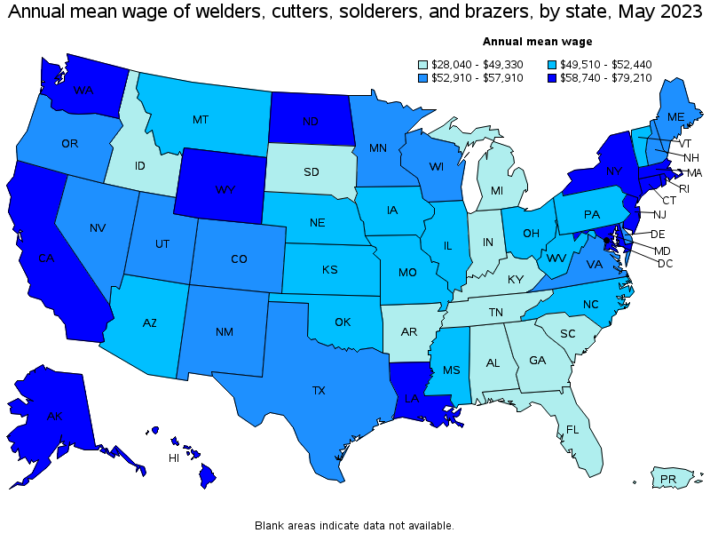 Map of annual mean wages of welders, cutters, solderers, and brazers by state, May 2023