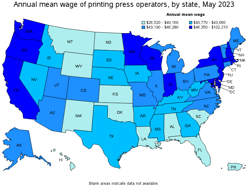 Map of annual mean wages of printing press operators by state, May 2023