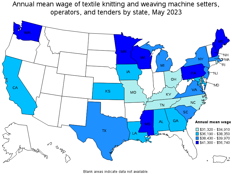 Map of annual mean wages of textile knitting and weaving machine setters, operators, and tenders by state, May 2023