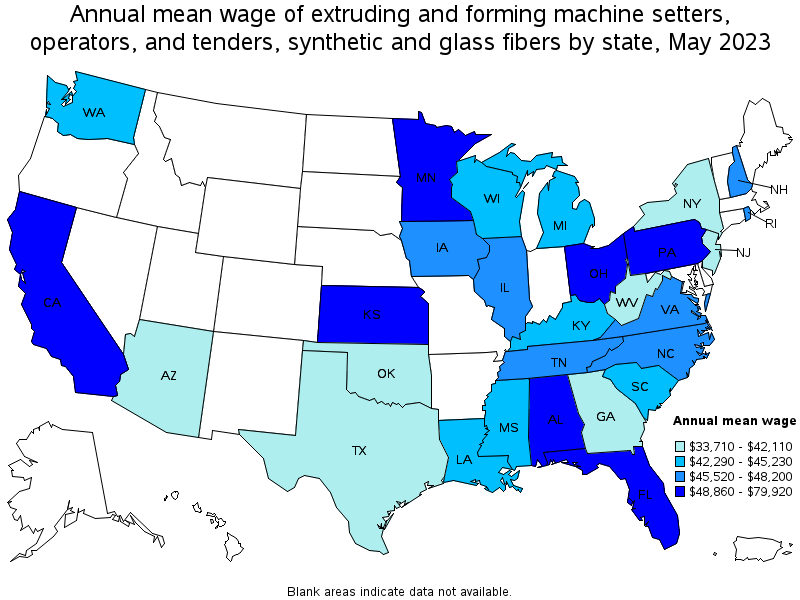 Map of annual mean wages of extruding and forming machine setters, operators, and tenders, synthetic and glass fibers by state, May 2023