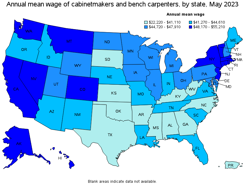 Map of annual mean wages of cabinetmakers and bench carpenters by state, May 2023