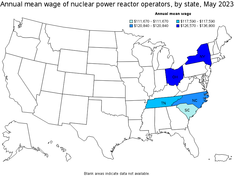 Map of annual mean wages of nuclear power reactor operators by state, May 2023