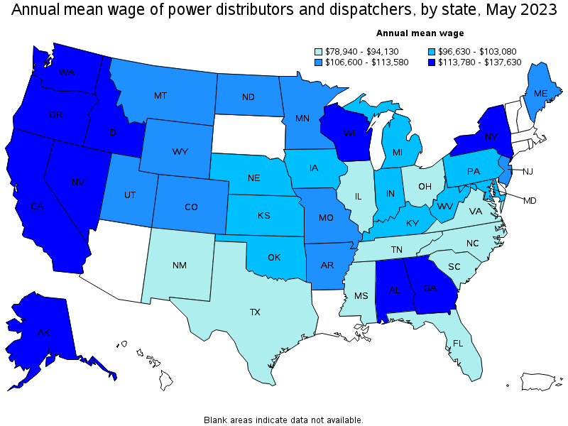 Map of annual mean wages of power distributors and dispatchers by state, May 2023