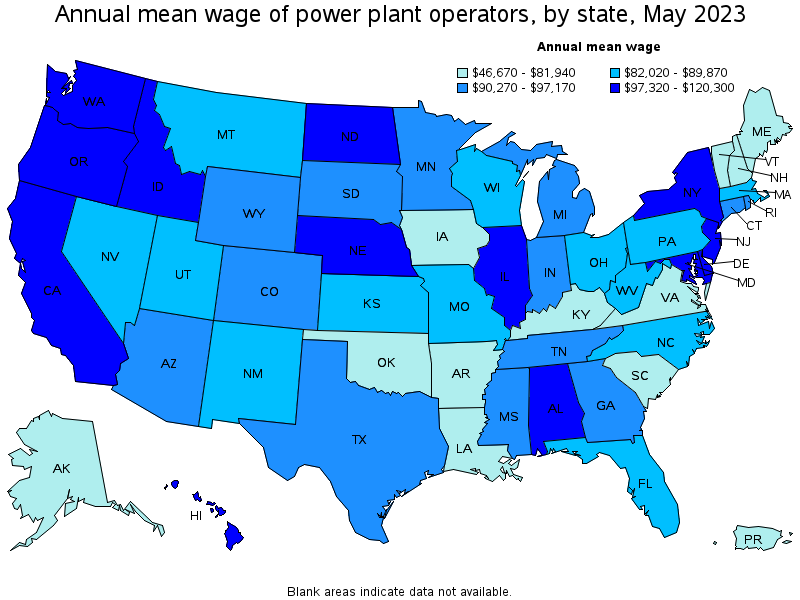 Map of annual mean wages of power plant operators by state, May 2023