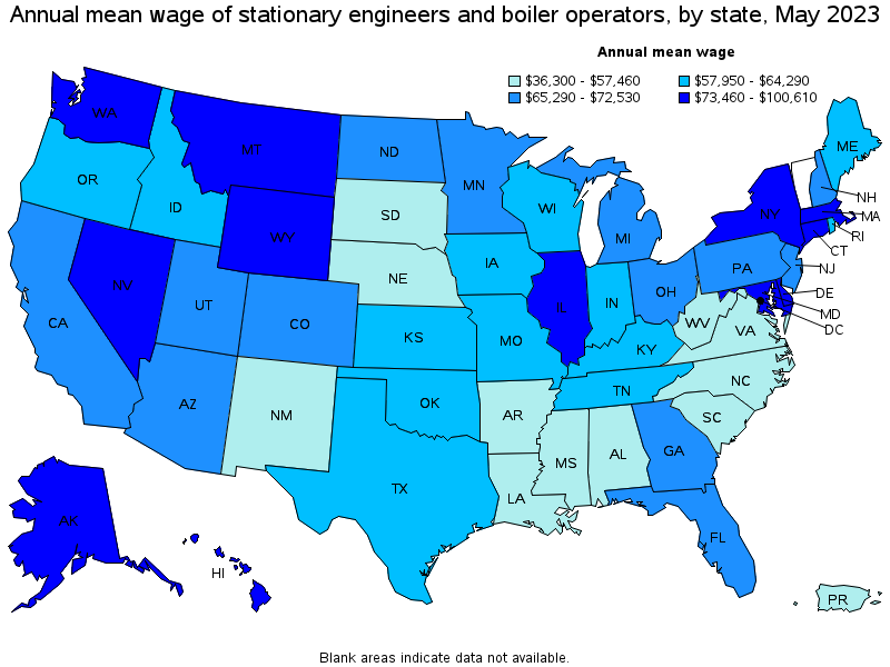 Map of annual mean wages of stationary engineers and boiler operators by state, May 2023