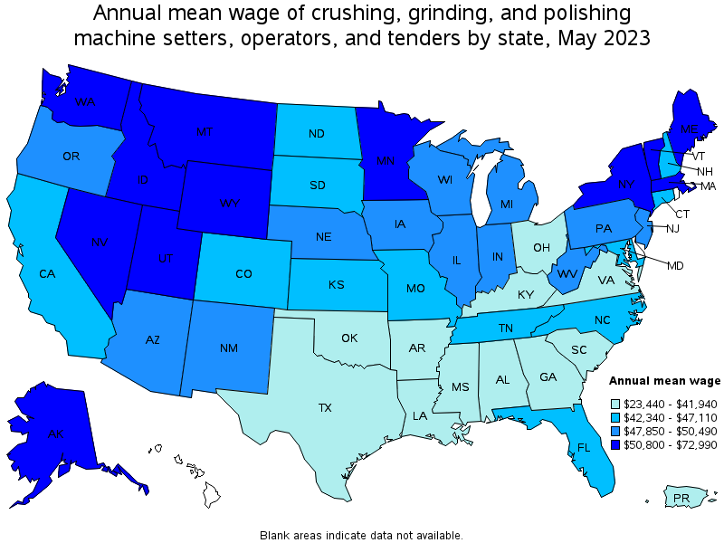 Map of annual mean wages of crushing, grinding, and polishing machine setters, operators, and tenders by state, May 2023