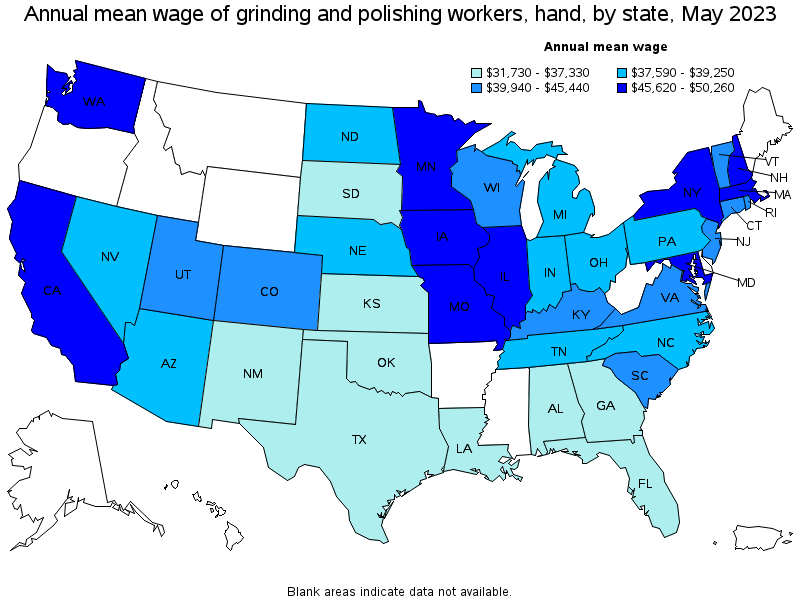 Map of annual mean wages of grinding and polishing workers, hand by state, May 2023