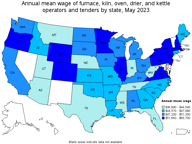 Map of annual mean wages of furnace, kiln, oven, drier, and kettle operators and tenders by state, May 2023