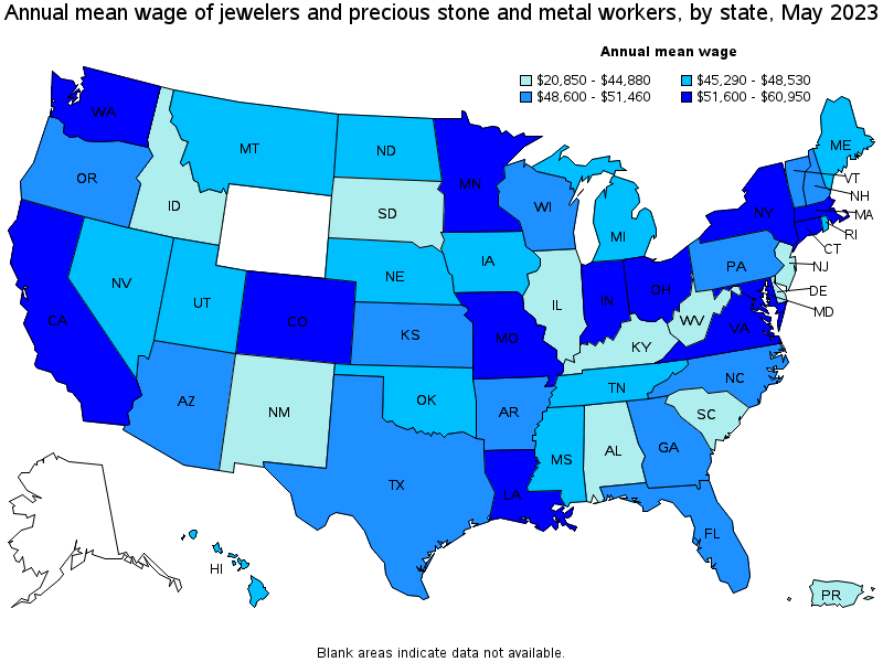 Map of annual mean wages of jewelers and precious stone and metal workers by state, May 2023