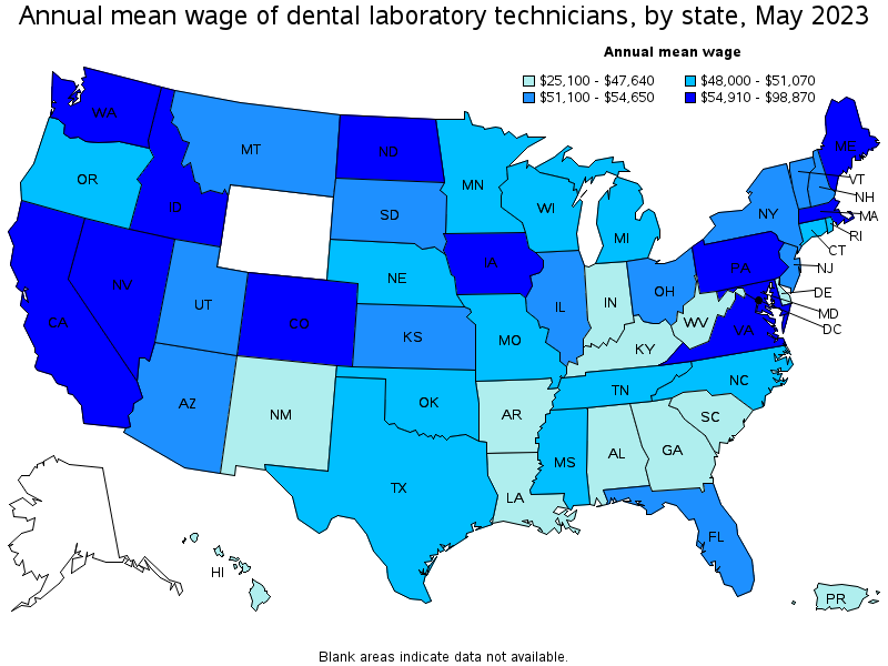 Map of annual mean wages of dental laboratory technicians by state, May 2023