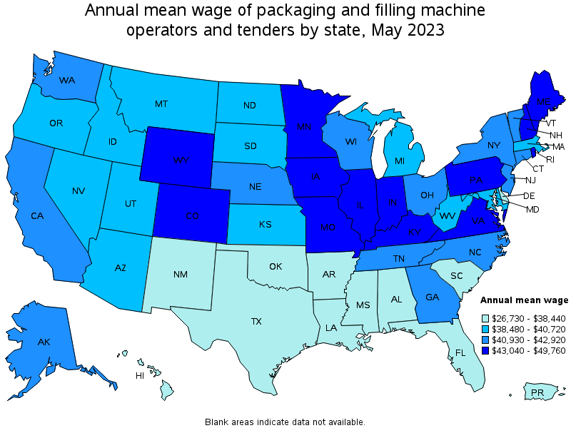Map of annual mean wages of packaging and filling machine operators and tenders by state, May 2023