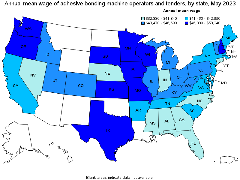 Map of annual mean wages of adhesive bonding machine operators and tenders by state, May 2023
