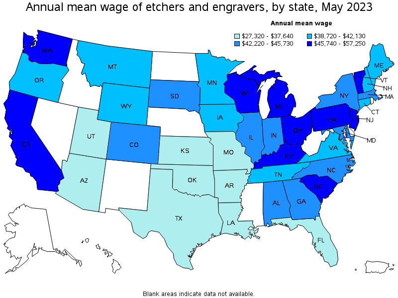 Map of annual mean wages of etchers and engravers by state, May 2023