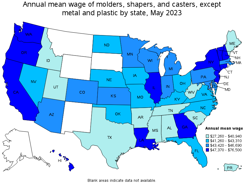Map of annual mean wages of molders, shapers, and casters, except metal and plastic by state, May 2023