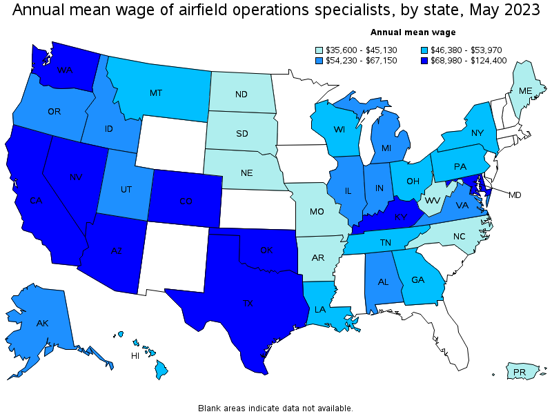 Map of annual mean wages of airfield operations specialists by state, May 2023