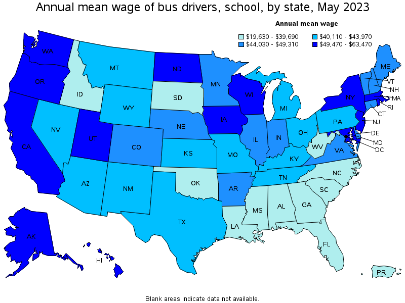 Map of annual mean wages of bus drivers, school by state, May 2023