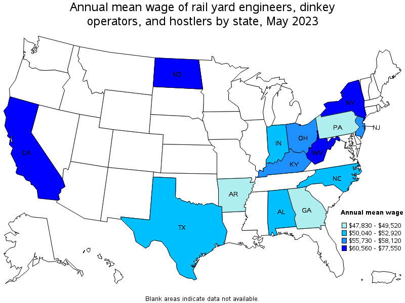 Map of annual mean wages of rail yard engineers, dinkey operators, and hostlers by state, May 2023