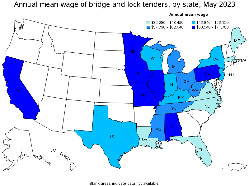 Map of annual mean wages of bridge and lock tenders by state, May 2023