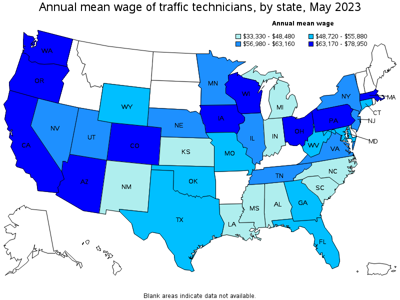 Map of annual mean wages of traffic technicians by state, May 2023