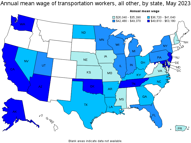 Map of annual mean wages of transportation workers, all other by state, May 2023