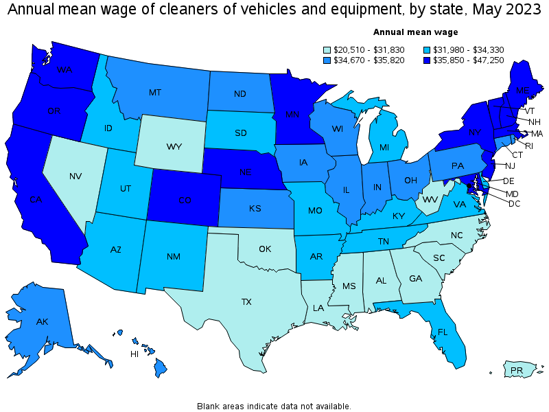 Map of annual mean wages of cleaners of vehicles and equipment by state, May 2023