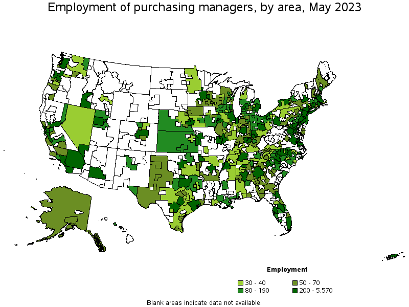Map of employment of purchasing managers by area, May 2023