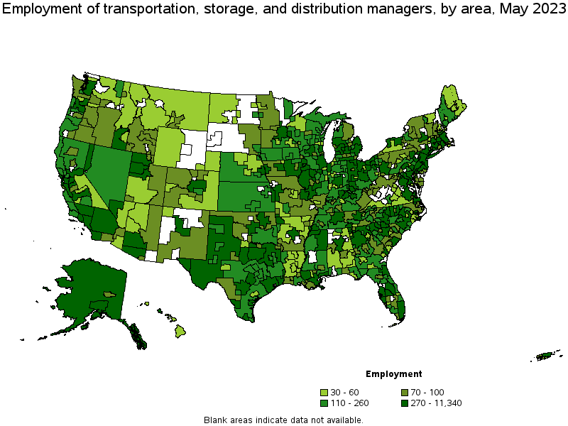 Map of employment of transportation, storage, and distribution managers by area, May 2023