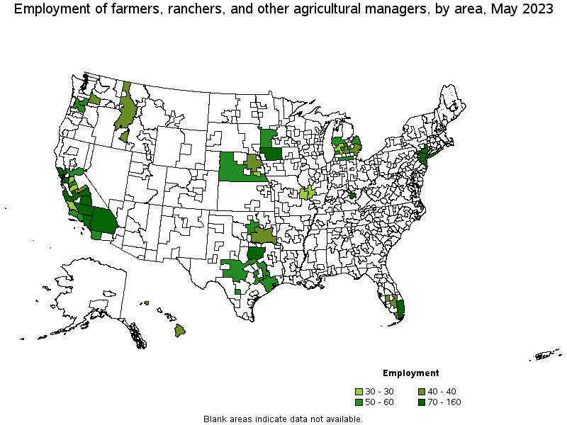 Map of employment of farmers, ranchers, and other agricultural managers by area, May 2023