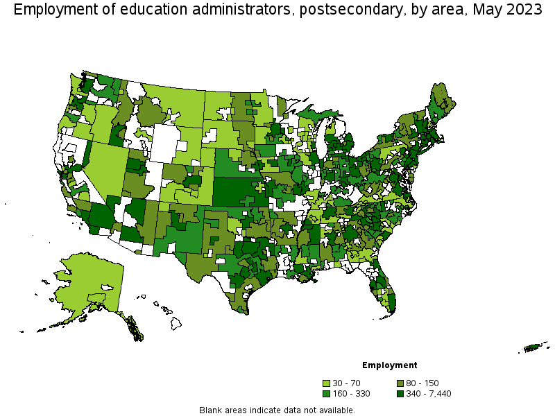 Map of employment of education administrators, postsecondary by area, May 2023