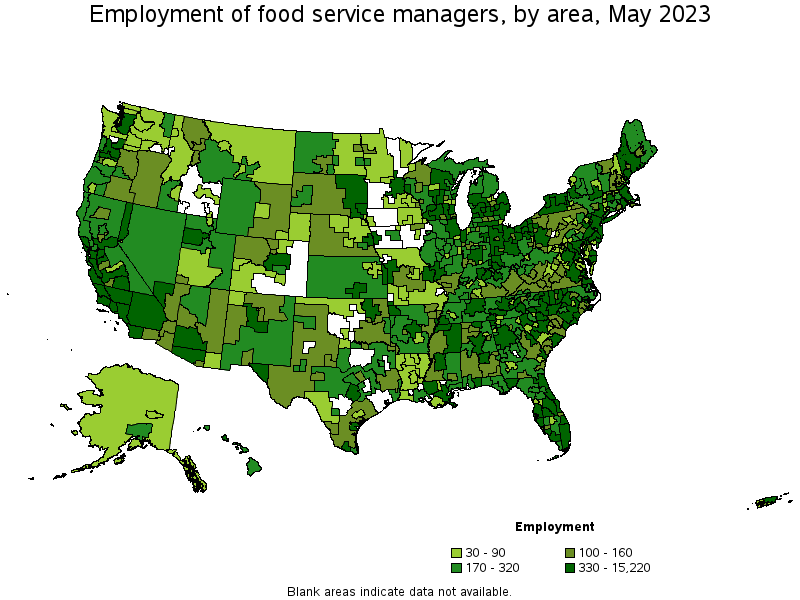 Map of employment of food service managers by area, May 2023