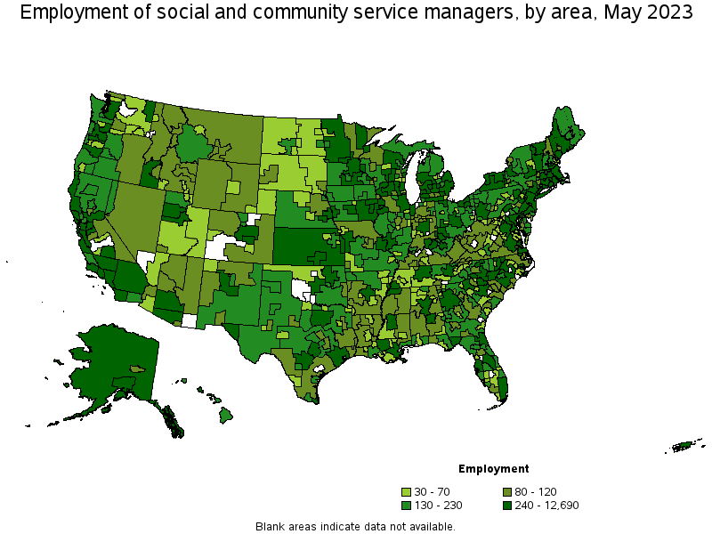 Map of employment of social and community service managers by area, May 2023