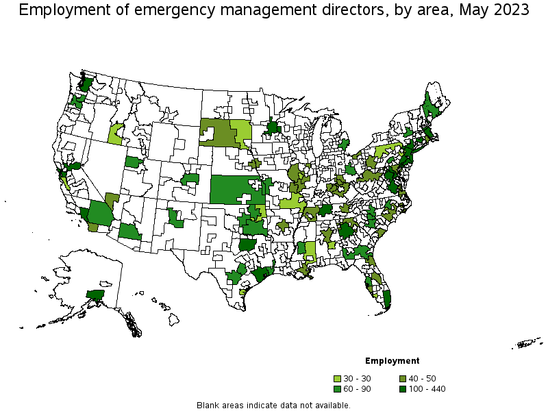 Map of employment of emergency management directors by area, May 2023