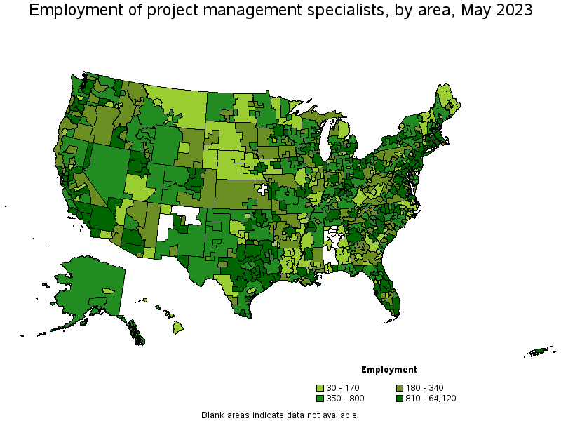 Map of employment of project management specialists by area, May 2023
