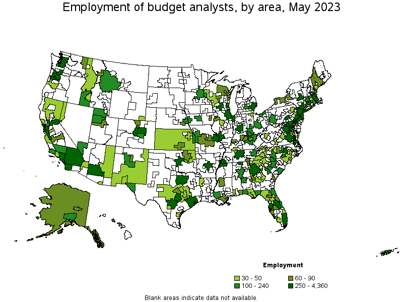 Map of employment of budget analysts by area, May 2023