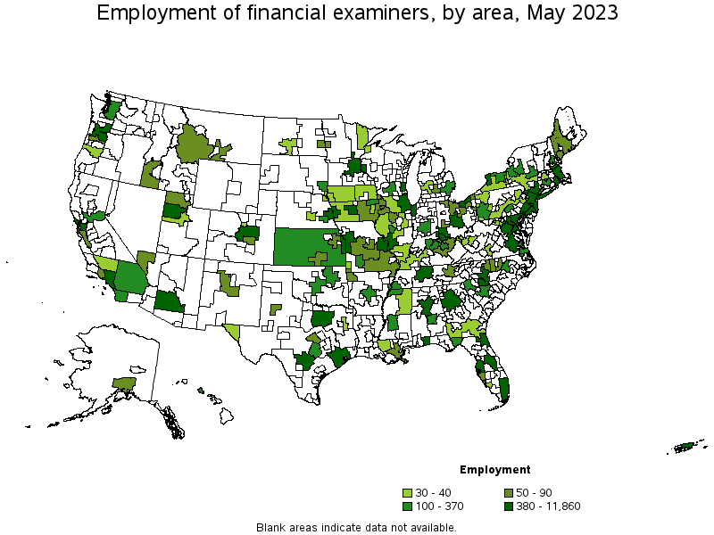 Map of employment of financial examiners by area, May 2023
