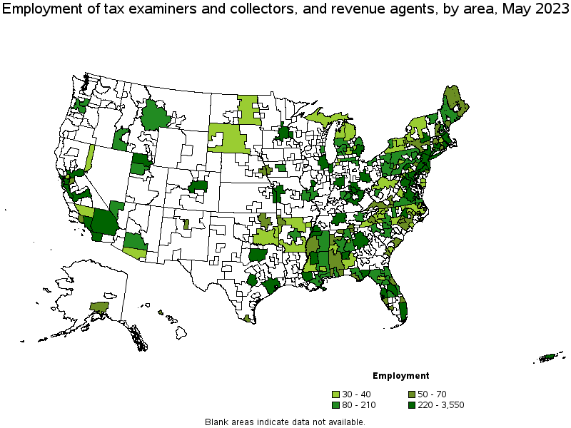 Map of employment of tax examiners and collectors, and revenue agents by area, May 2023