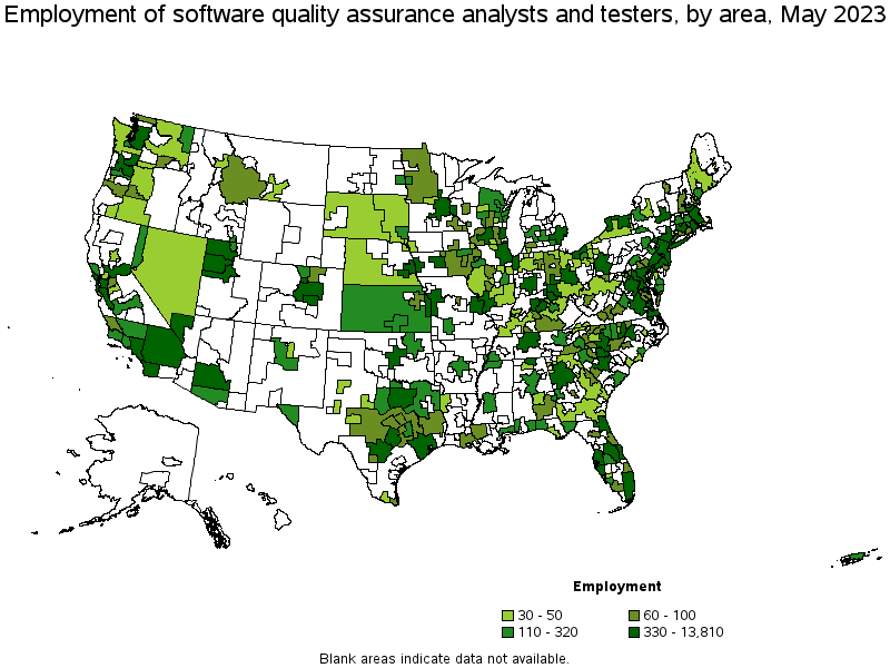 Map of employment of software quality assurance analysts and testers by area, May 2023