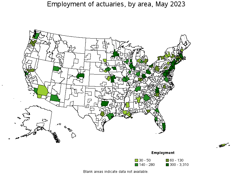 Map of employment of actuaries by area, May 2023