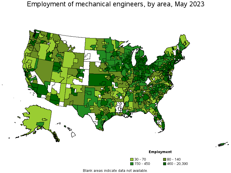 Map of employment of mechanical engineers by area, May 2023