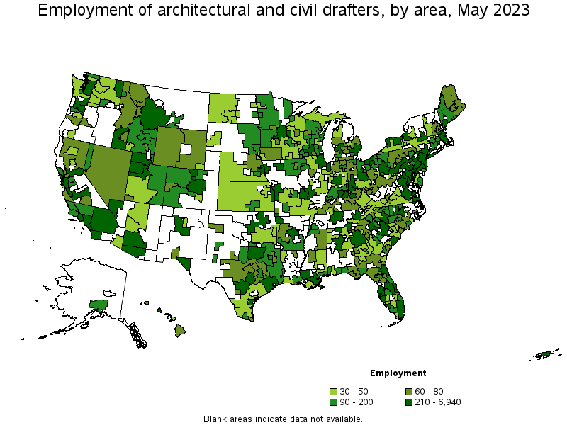 Map of employment of architectural and civil drafters by area, May 2023