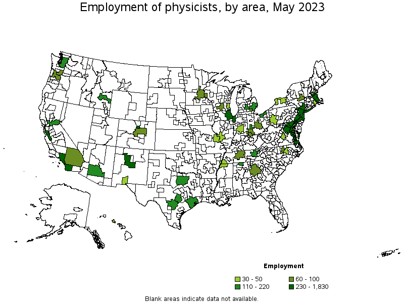 Map of employment of physicists by area, May 2023