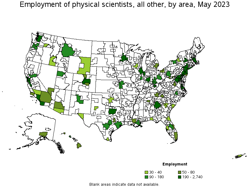 Map of employment of physical scientists, all other by area, May 2023