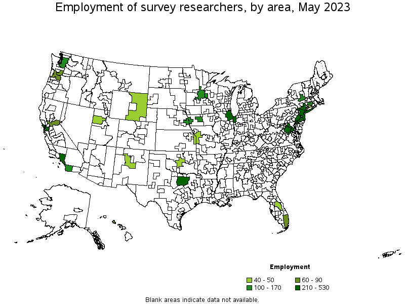 Map of employment of survey researchers by area, May 2023