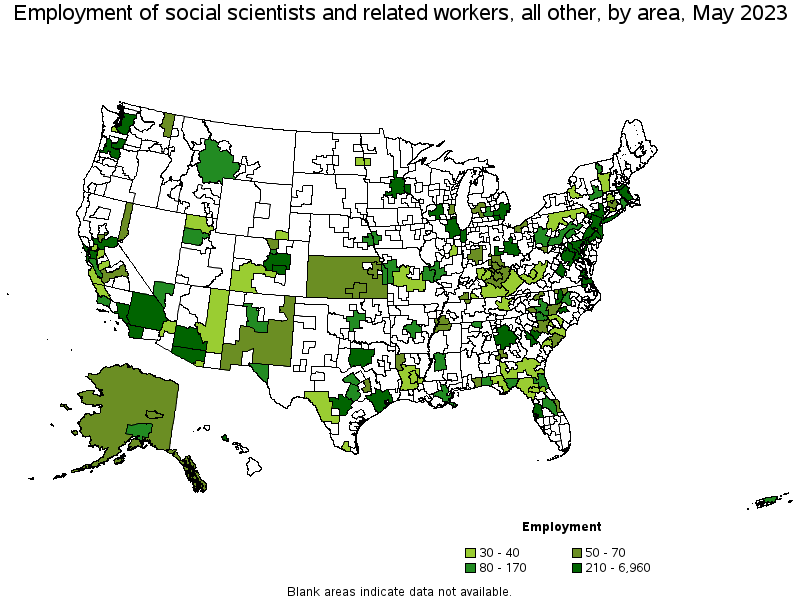 Map of employment of social scientists and related workers, all other by area, May 2023