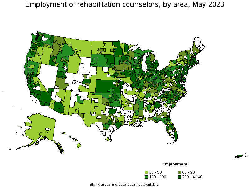 Map of employment of rehabilitation counselors by area, May 2023